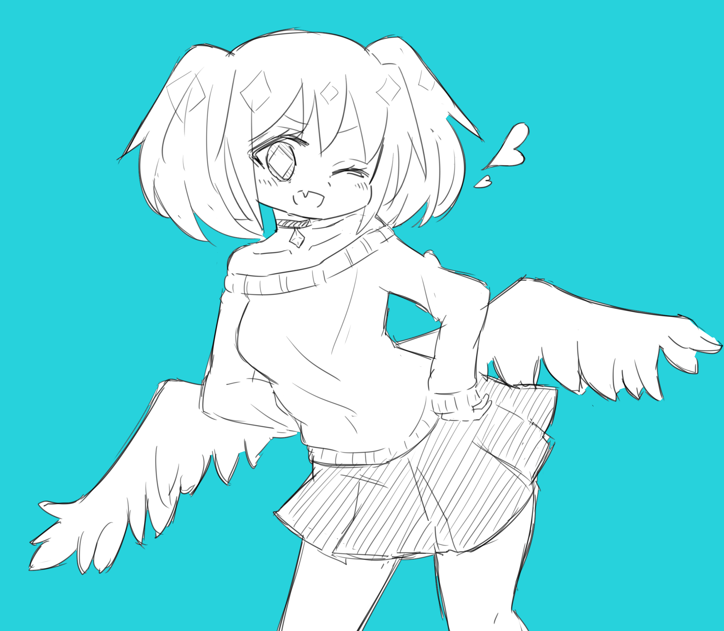 ウインクする羽のあるキャラクターのラフイラスト